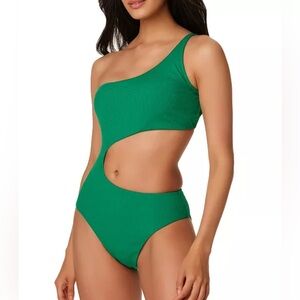 NWT Bar III VIVID GREEN Micro Rib One-Shoulder Cutout One-Piece Swimsuit, Sz XL